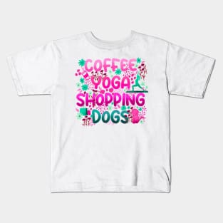 Coffee Yoga Shopping Dogs in Pink-Green Kids T-Shirt